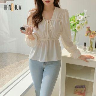 Plain Bow V-neck Strap Long-sleeve Shirt
