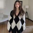 Argyle Print Sweater Panel - Black & White - One Size