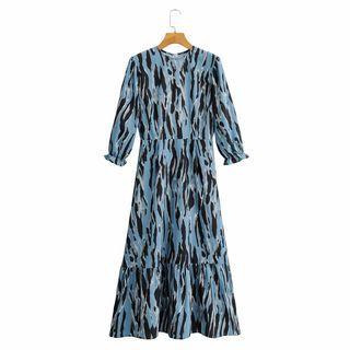 3/4-sleeve Zebra Print Midi A-line Dress