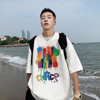 Elbow-sleeve Lettering Splatter Print T-shirt