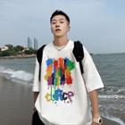 Elbow-sleeve Lettering Splatter Print T-shirt