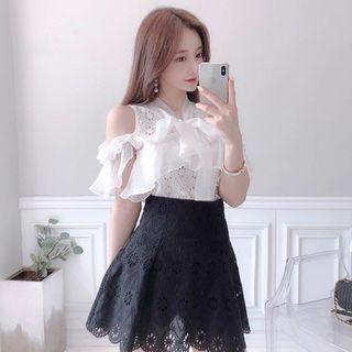 Tie-neck Cutaway-shoulder Eyelet-lace Blouse
