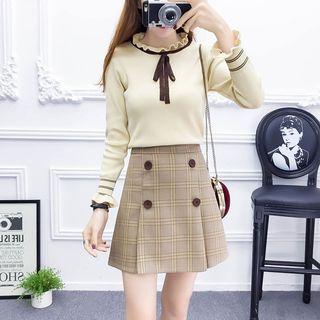Set: Ruffled Knit Top + Plaid A-line Mini Skirt