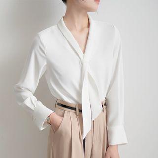 Long-sleeve V-neck Plain Lace-up Chiffon Shirt