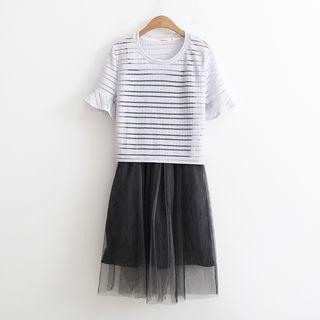 Set: Striped Elbow-sleeve Top + Mesh Spaghetti Strap Dress