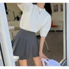 Puff-sleeve Plain Sweater / High-waist Pleated Skirt
