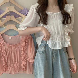 Puff-sleeve Square-neck Ruffle Trim Chiffon Blouse