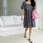 Puff-sleeve Floral Dress Black - One Size