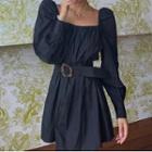 Puff Sleeve Ruched Dress With Belt