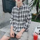 Mandarin Collar Check 3/4 Sleeve Shirt