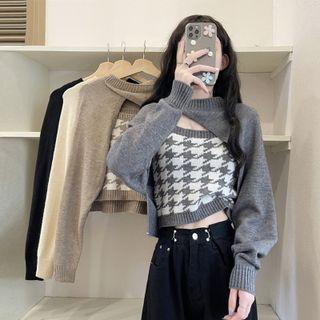 Set: Plain Shrug + Houndstooth Cropped Camisole Top