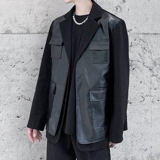 Faux Leather Panel Woolen Blazer