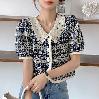 Short-sleeve Flower Embroidered Blouse Flower Embroidery - Dark Blue - One Size