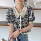 Short-sleeve Flower Embroidered Blouse Flower Embroidery - Dark Blue - One Size