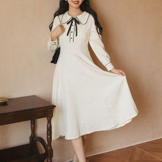 Long-sleeve Ribbon Accent Midi A-line Dress