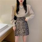 Long-sleeve Plain Top / Leopard Print Skirt