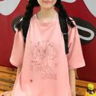 Elbow-sleeve Cartoon Print T-shirt Pink - One Size