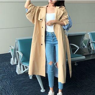 Striped Panel Double-breasted Trench Coat As Shown In Figure - One Size