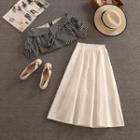 Set: Off-shoulder Plaid Blouse + Midi A-line Skirt