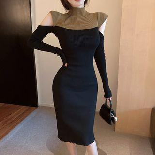 Long-sleeve Mock-neck Cutout Two-tone Knit Midi Sheath Dress