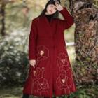 Floral Embroidered Knot Button Padded Long Coat