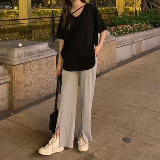 Short-sleeve Plain T-shirt / Front-slit Wide-leg Pants