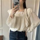 Square-neck Ruffle Long-sleeve Blouse Almond - One Size