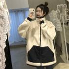 Color-block Turtle-neck Loose-fit Long-sleeve Zip Jacket Off-white - One Size