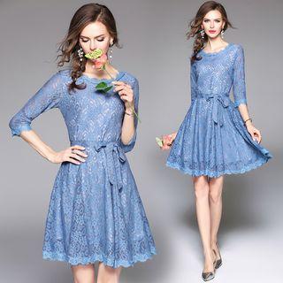 3/4-sleeve Gathered-waist Crewneck A-line Plain Lace Sheath Dress