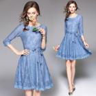 3/4-sleeve Gathered-waist Crewneck A-line Plain Lace Sheath Dress