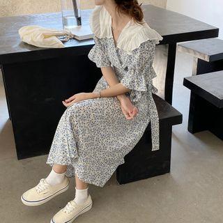Bell-sleeve Collared Floral Wrapped Dress Blue - One Size