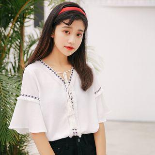 Elbow-sleeve Fray Detail Patterned Chiffon Top