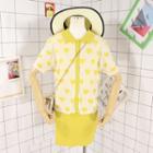 Set: Short-sleeve Heart Patterned Buttoned Knit Top + Mini Skirt Set - Yellow - One Size