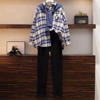 Plaid Shirt / Shawl / Skinny Pants / Set