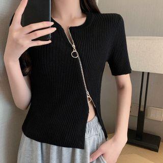 Short-sleeve Asymmetrical Zip Knit Top