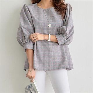 Puff-shoulder Glen-plaid Blouse