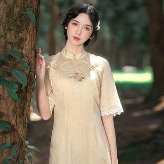 Mandarin Collar Lace Trim Elbow-sleeve Midi A-line Dress