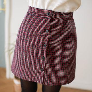 Buttoned Houndstooth Wool Blend Mini A-line Skirt