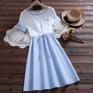 Mock Two-piece Cat Embroidered Short-sleeve Dress