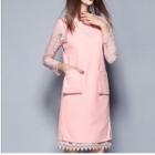 Set: Long Sleeve Lace Dress + Pocketed V-neck Pinafore Dress