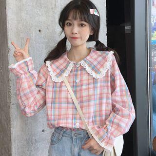 Plaid Lace Trim Blouse Plaid - Pink - One Size