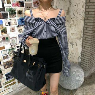 Long-sleeve Cold-shoulder Striped Panel Mini Sheath Dress