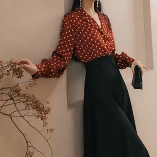 Set: Long-sleeve Dotted Open-collar Blouse + Midi A-line Skirt