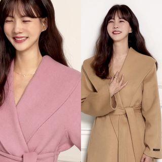 Shawl Collar Wool Blend Long Coat With Sash