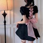 Puff-sleeve Lace-up Ribbon Mini A-line Dress