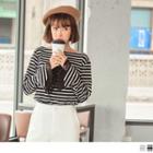 Lace Trim Long Bell-sleeve Striped Top