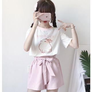 Rabbit Print Short-sleeve T-shirt / Bow Wide-leg Shorts
