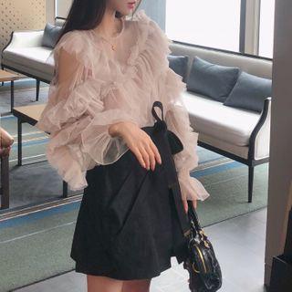 Set: Long-sleeve Ruffle Mesh Top + Mini A-line Skirt