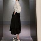 Set: Lantern-sleeve Blouse + Midi A-line Skirt