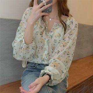 Long-sleeve Floral Chiffon Blouse Light Yellow - One Size